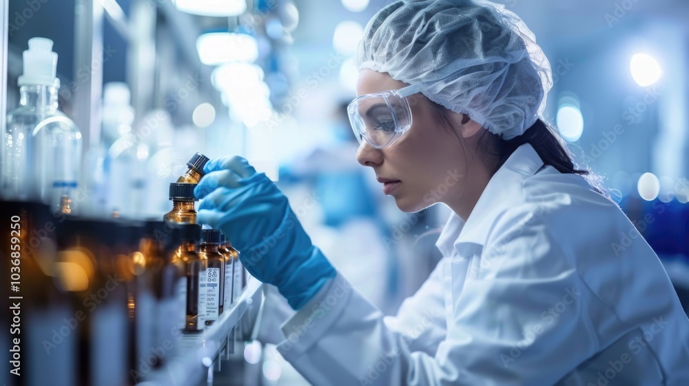 Poster a scientist in a lab coat and goggles examines a bottle in a laboratory setting