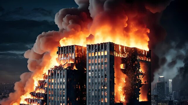 High-Rise Building Engulfed in Flames During Nighttime Fire

