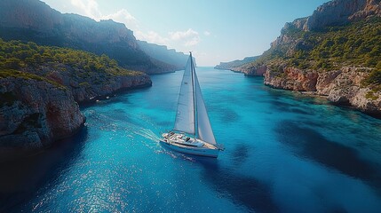 Aerial View of a Sailboat in a Pristine Turquoise Bay, Captured by a Drone