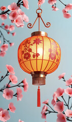 Hanging lantern, classic asian decor element on light blue background with pink flowers. Chinese lantern festival. New Year abstract background with space for text. Design for poster, postcard or bann