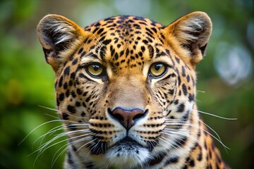 Fototapeta premium close up of a leopard face in front of a green background.