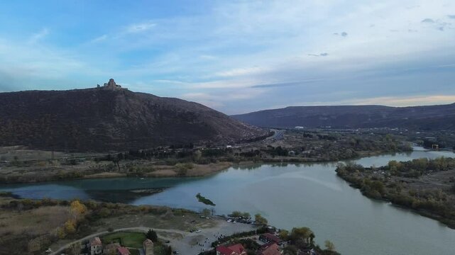 Drone views of mtskheta, the old capital of Georgia and Jivari monastery