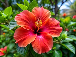 a red flower with the word hibiscus on it