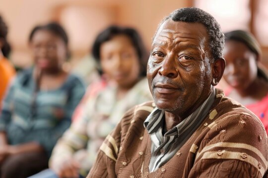 A person in a brown sweater sitting among a group, ideal for corporate or social events