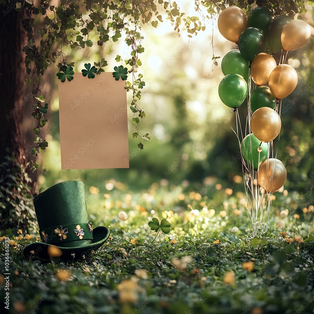Poster enchanting scene featuring empty paper banner a fun st patrick's day hat and a cascade of colorful b