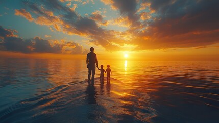 Fototapeta premium Family enjoying a sunset boat ride, creating lasting memories on the water as the sun dips below the horizon. Perfect for illustrating themes of family, togetherness, vacation, and adventure.
