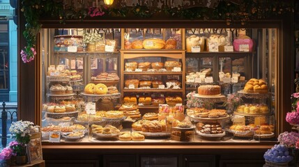 A charming bakery window filled with an array of freshly baked goods, including pastries, bread, and cakes.