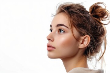 Fototapeta premium A person with a casual hairstyle featuring a messy bun, suitable for everyday use or creative projects
