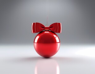 Red Christmas ornament hanging from a ribbon against a soft background during the holiday season