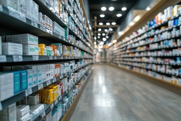 Aisle filled with various medications in a modern pharmacy during the day