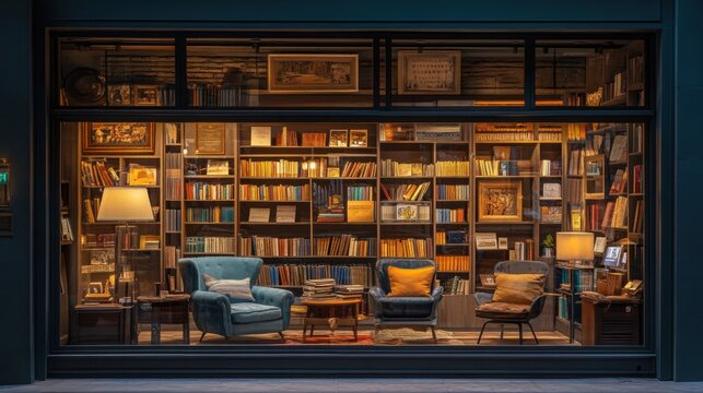 A cozy bookstore window showcasing a selection of books and literary-themed items