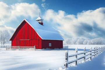 a red barn in snow
