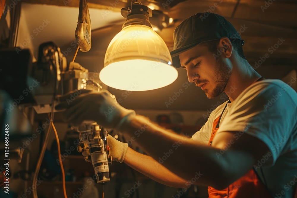 Poster a person tinkering with a lamp in a home workshop setting