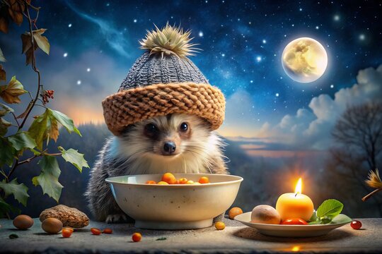 Night Photography of a Hedgehog in a Hat Holding a Bowl of Chicken Soup with Quail Eggs and Sausage in a Cozy Setting