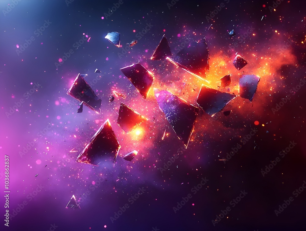 Poster a mesmerizing abstract composition of fractured geometric shapes floating in a vibrant cosmic backdr