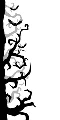 A spooky, abstract black silhouette of twisted tree branches and flying bats. The design is minimalistic, featuring a Halloween theme with eerie, dark tones.