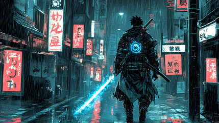 Fototapeta premium Futuristic Mecha Samurai Overlooking Neon City: Anime Art