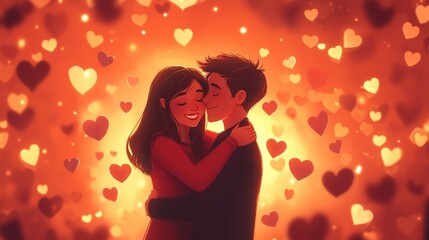 Cute couple embracing with glowing hearts floating in background, warm romantic illustration of love