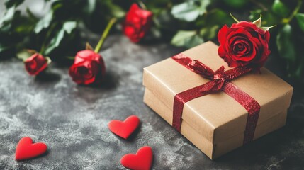  Elegant brown gift box with red glitter ribbon surrounded by roses and heart shapes on a textured gray surface