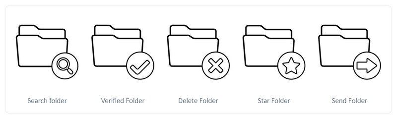 A set of 5 folder icons as search folder, verified folder, delete folder