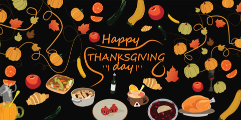 Thanksgiving Day. Vector illustrations of a festive table with a pie, pumpkin, turkey and objects for a card, background, invitation or poster.