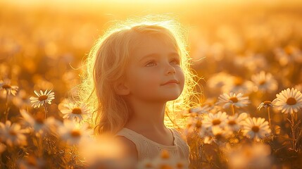 Fototapeta premium A silhouette of a child exploring a field of wildflowers, symbolizing childhood wonder and the beauty of nature.