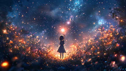 Fototapeta premium Enchanted Kawaii Magical Girl – Magical Forest with Sparkling Lights and Creatures
