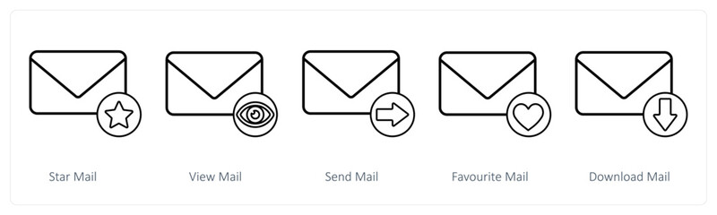 A set of 5 mail icons as star mail, view mail, send mail