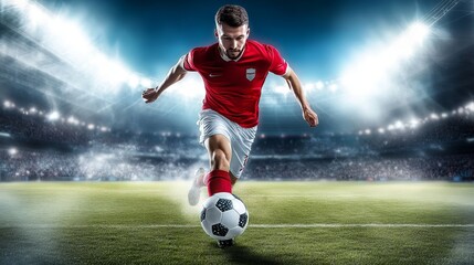 Dynamic soccer player sprinting and kicking ball in dramatic stadium during training session