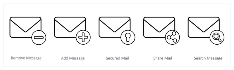 A set of 5 mail icons as remove message, add message, secured mail