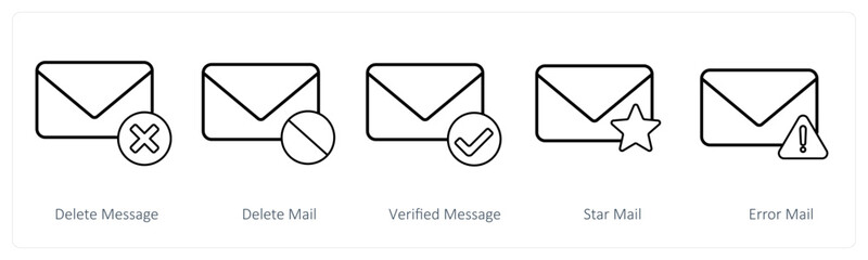 A set of 5 mail icons as delete message, delete mail, verified message