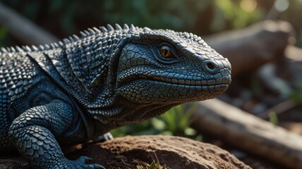 Fototapeta premium A close-up of a black iguana lizard with a sharp focus on its eye, looking towards the right. The lizard is perched on a rock with blurred foliage in the background.