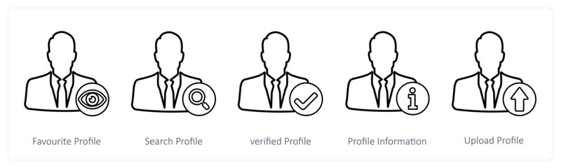 A set of 5 profile icons as favorite profile, search profile, verified profile