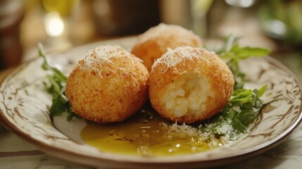 Delicious Arancini with Drizzle and Fresh Greens