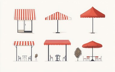 A collection of vector designs showcasing different café © awnings, including a classic red-striped canopy for an outdoor seating area