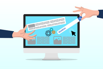 Build website with template customization, SEO optimization for search result, develop app or wireframe, customizable software development concept, hands help building website on computer screen