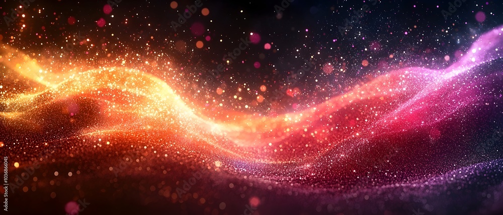 Poster a mesmerizing abstract wave of glowing particles in vibrant shades of orange and pink, creating a dy