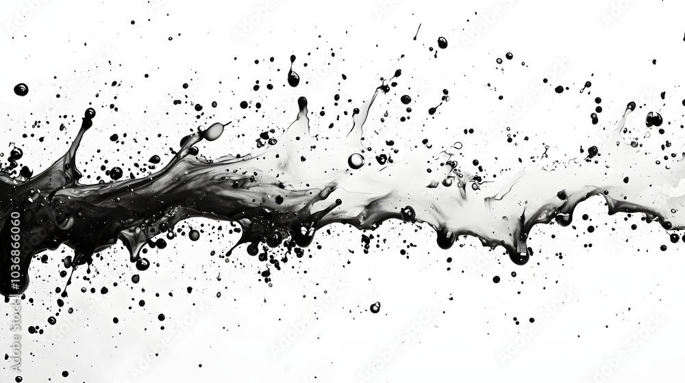 Aufkleber an abstract splash of black liquid against a stark white background, creating dynamic movement and c