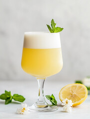 A pale yellow kölsch beer with a soft, white foam, served in a slender stange glass, neutral white background, with a small lemon wedge or a sprig of mint next to the glass