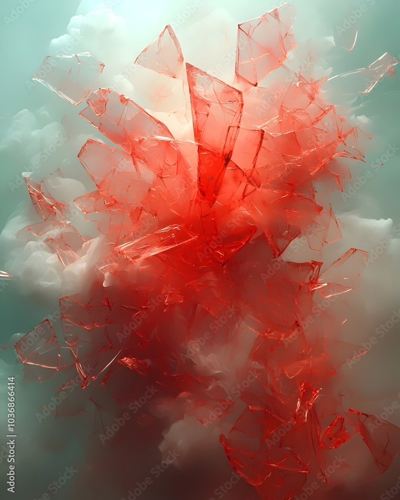 Poster an artistic abstract representation featuring fragmented glass pieces in vibrant red, contrasted aga