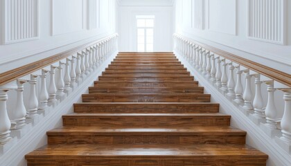 Fototapeta premium Wooden Staircase with White Handrails in a White Room