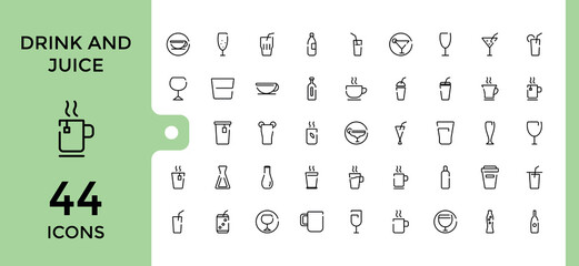 Drinks and juice web line icons set. outline thin icons such as ice tea, orange juice, martini, soft drink, lime rickey drink, beverage and more. Editable and pixel perfect vector illustration.
