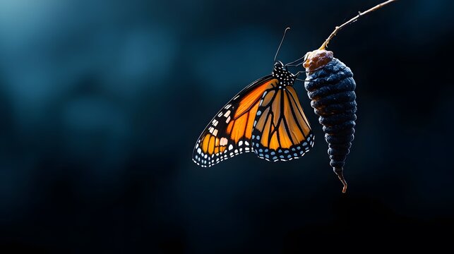 A Beautiful Monarch Butterfly Emerges from a Chrysalis, Symbolizing Transformation and Freedom. New Beginnings Concept