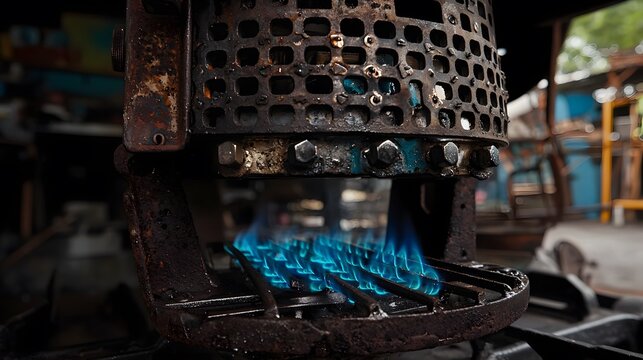 Gas Stove Burner: A macro shot of a gas stove burner with a blue flame. The metal grates and knobs are in focus. 