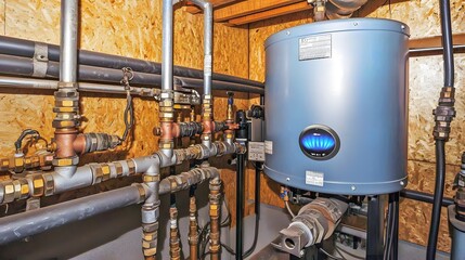Gas Water Heater: A water heater in a utility room, pipes leading to it. The blue flame indicates proper combustion. 