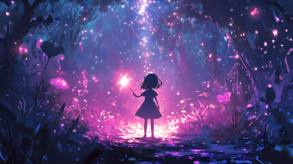 Kawaii Magical Girl in Sparkling Forest – Enchanted Scene with Twinkling Lights and Magical Creatures