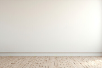 An empty creamy white wall background with stunning wooden floor. (Generative AI)