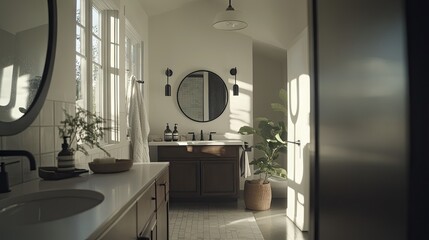 Modern Bright Bathroom with Natural Light and Greenery