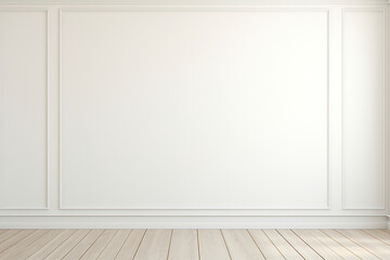 An empty white wall background with wooden floor. (Generative AI)