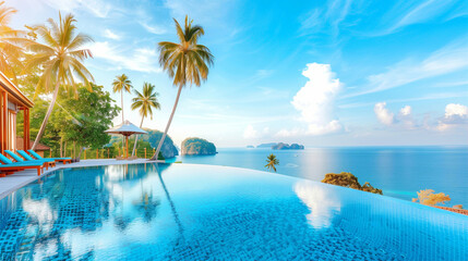 Obraz premium Swimming pool in tropical paradise at luxury resort with ocean view and palm trees